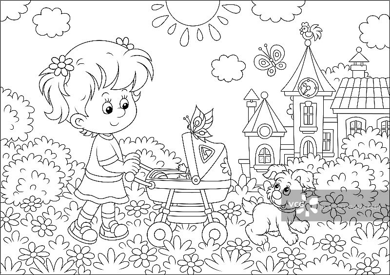 推着玩具婴儿车的小女孩图片素材