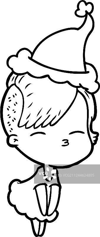 穿着连衣裙的眯眼女孩线条画图片素材