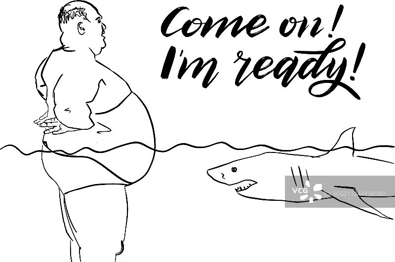 秃顶胖男人与鲨鱼搏斗图片素材