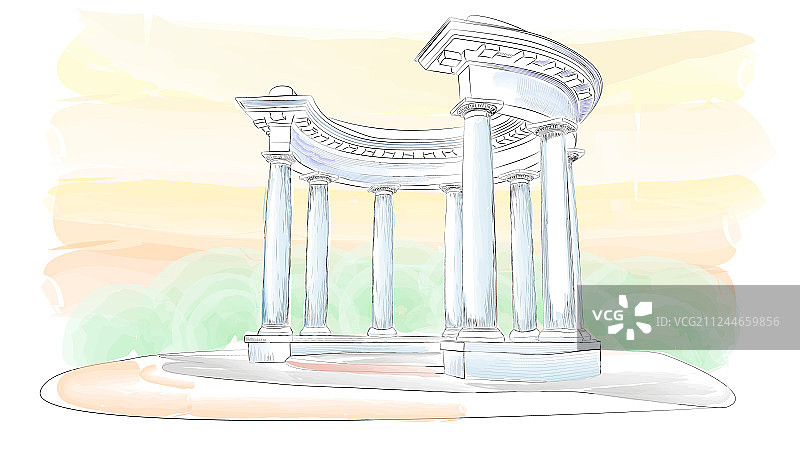 多立克柱式八柱凉亭素描图片素材