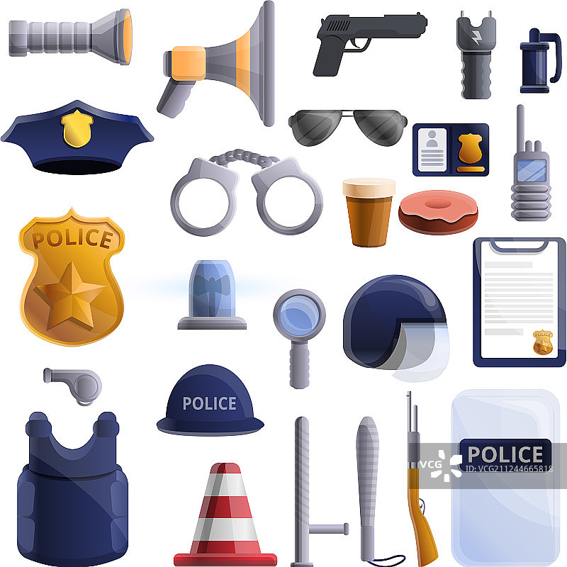 卡通风格警察装备图标合集图片素材