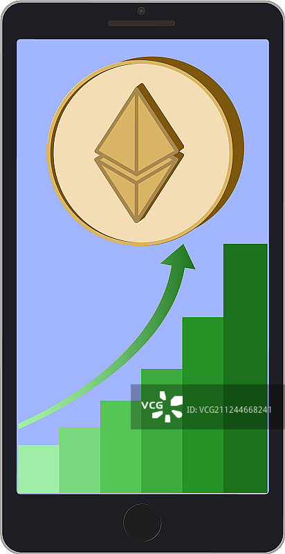 手机屏幕上带有增长图的以太坊币图片素材