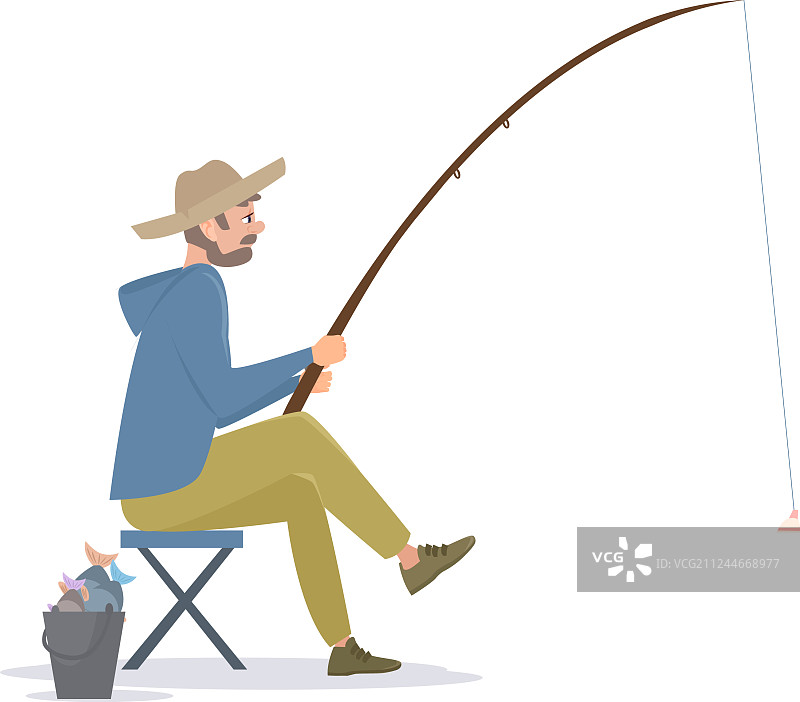 渔夫坐在桶旁的折叠椅上图片素材