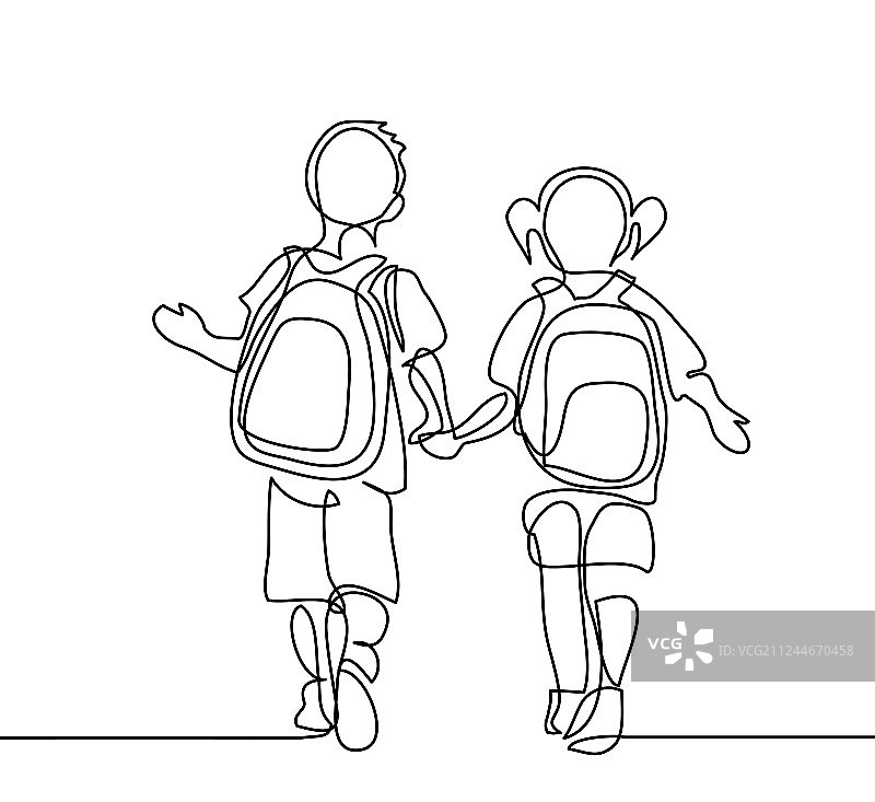 男孩和女孩背着书包去上学图片素材