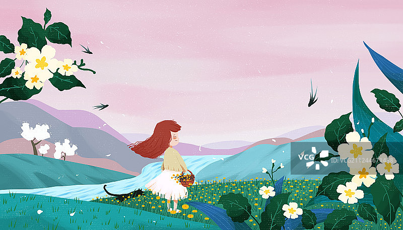 开满花的郊外游玩的女孩图片素材