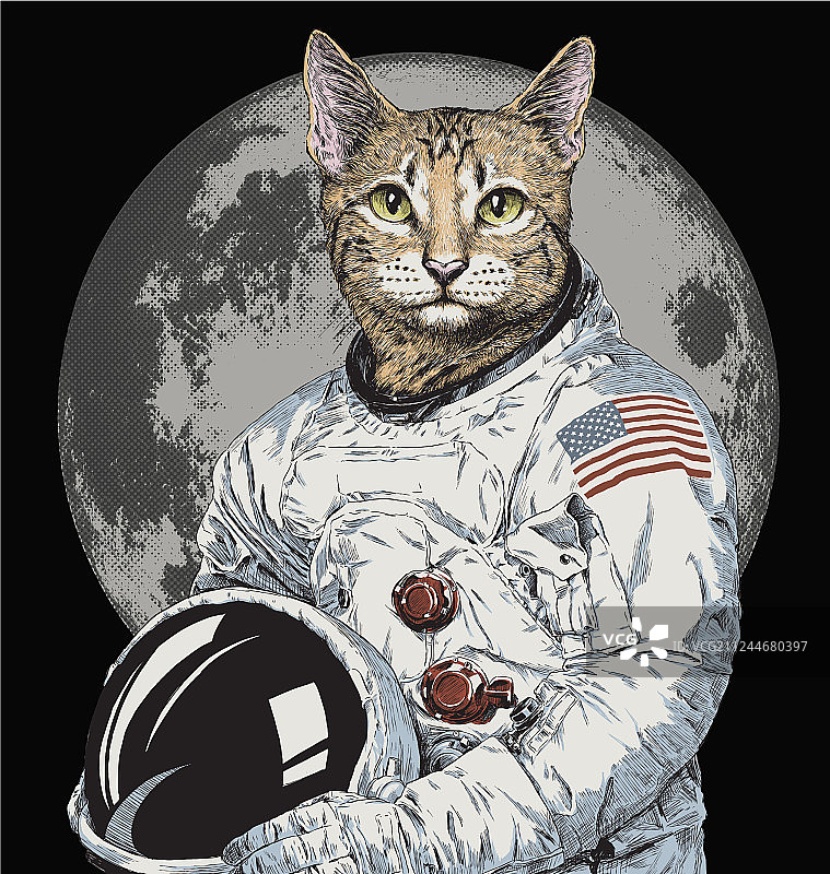 手绘趣味宇航员猫插画图片素材