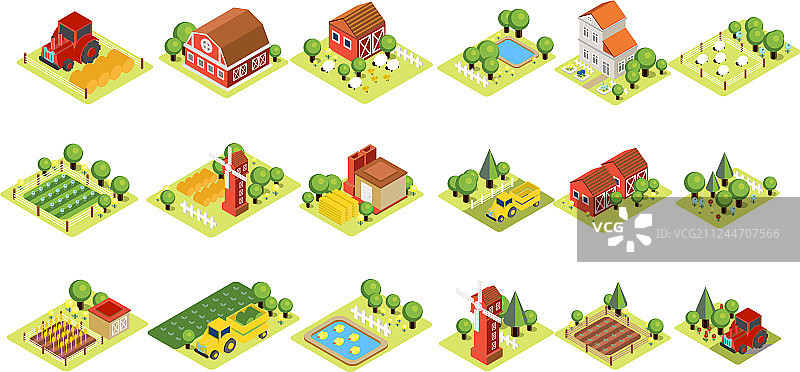 2.5D农场场景：房屋与丰收的田地图片素材