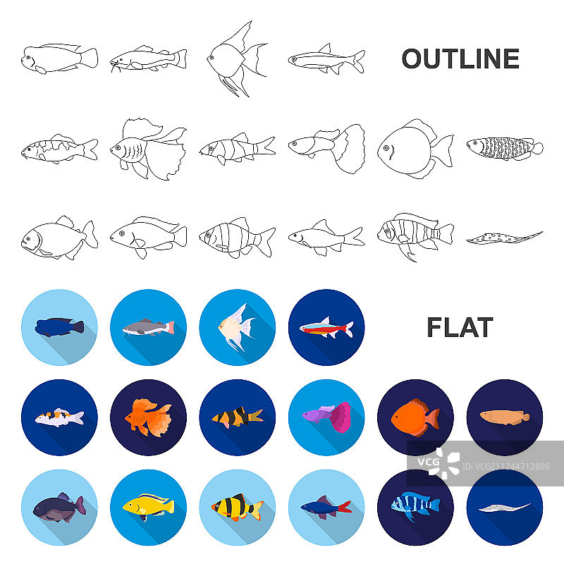不同种类的鱼类扁平图标合集图片素材