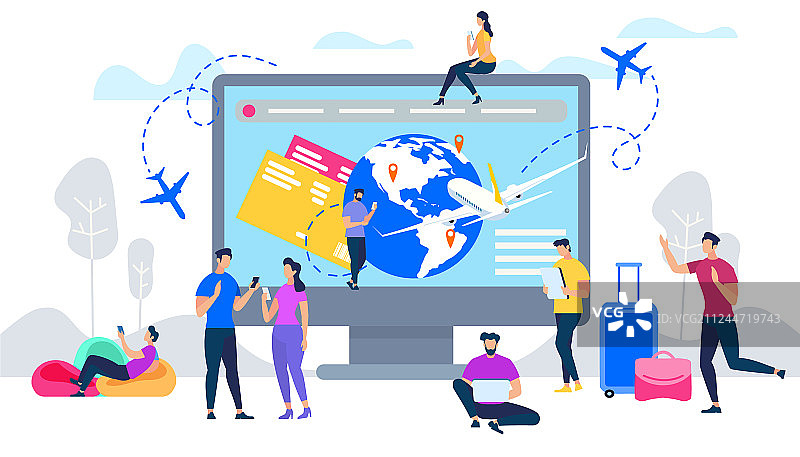 在线预订机票扁平概念图片素材