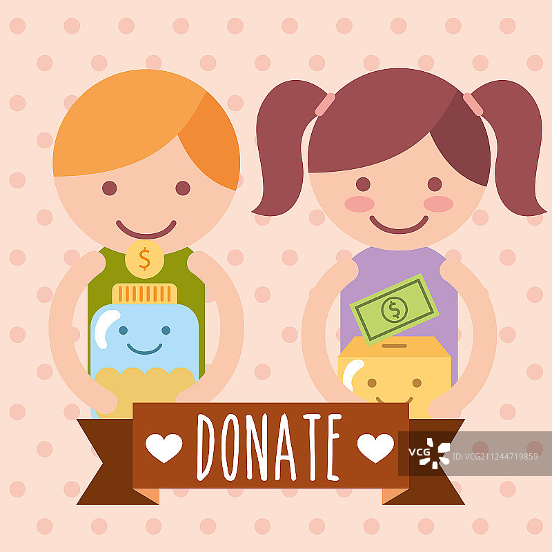 男孩和女孩捐赠慈善箱和硬币罐图片素材