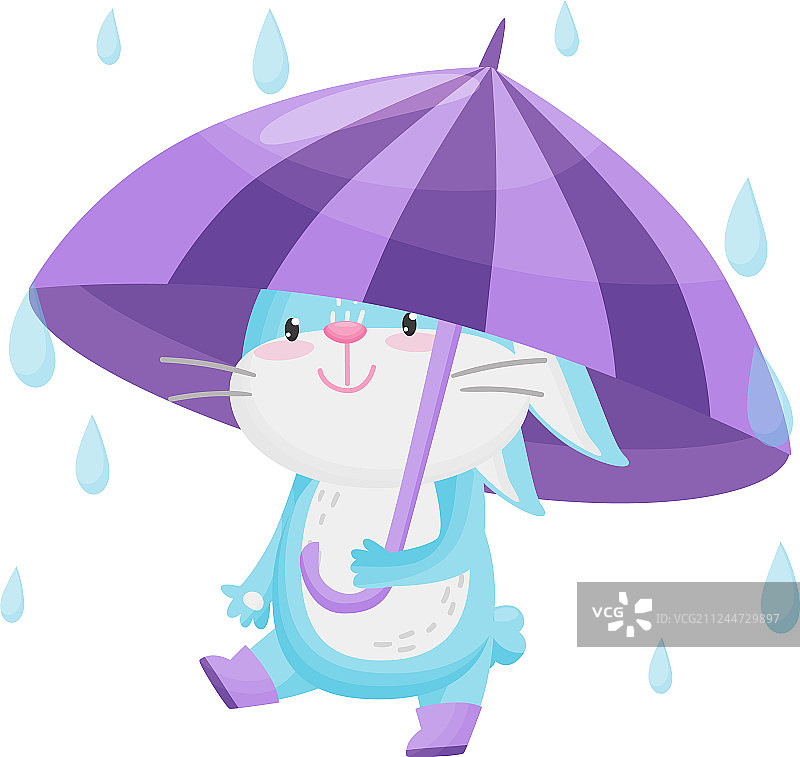 白色背景中雨天打伞的紫色兔子图片素材