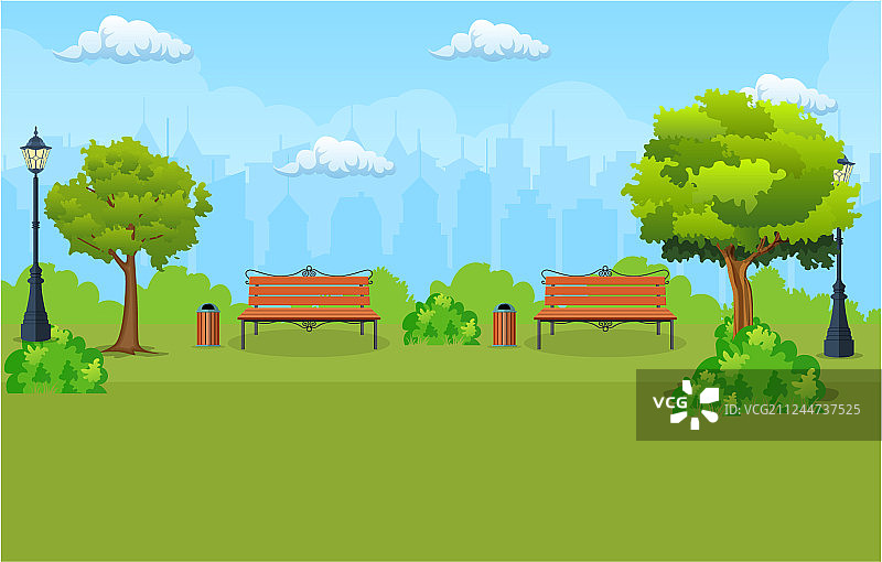 公园里带树和灯笼的长椅图片素材