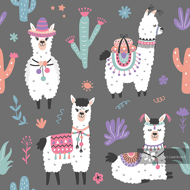 卡通美洲驼羊驼无缝图案图片素材