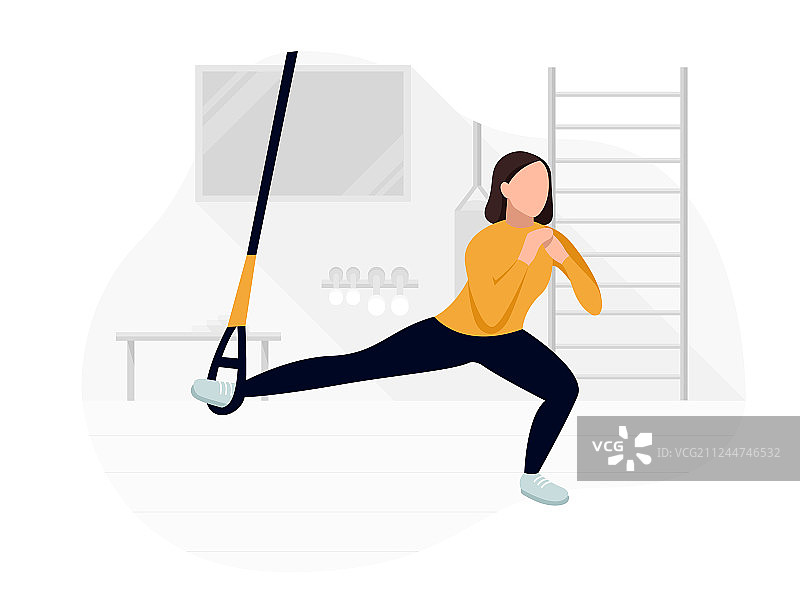 在TRX上进行自重锻炼的健身女人图片素材