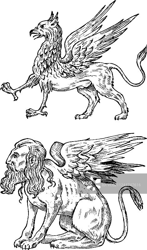 神话动物：神话狮身人面像和古董图片素材