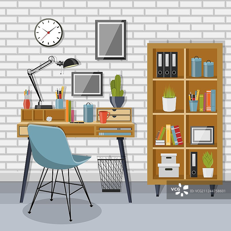 带灰色砖墙的工作场所和置物架图片素材