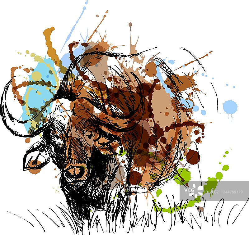 彩色手绘非洲水牛图片素材