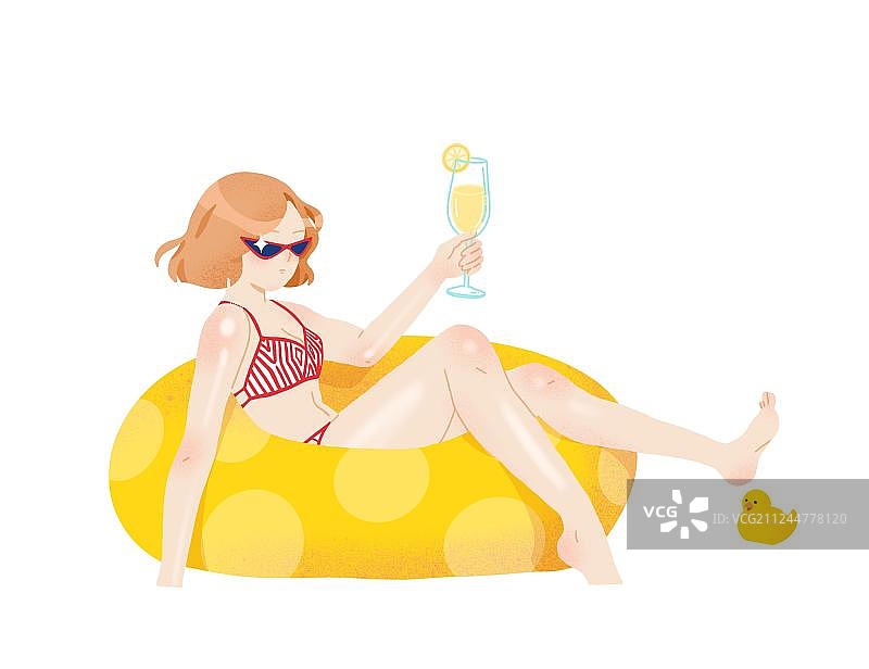 坐在游泳圈里喝饮料的少女夏日时光插画元素图片素材