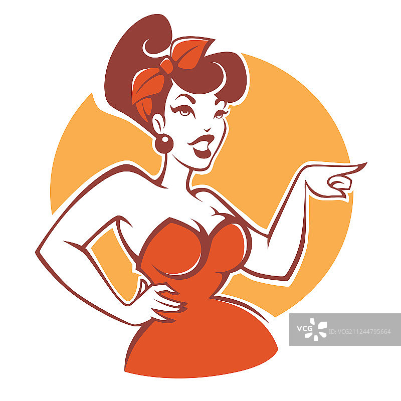 米色背景上穿红色连衣裙的大码海报女郎图片素材