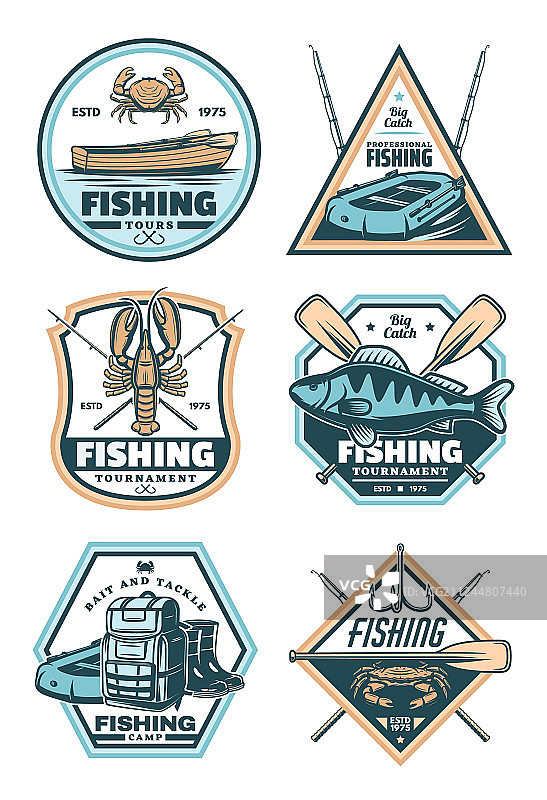 鱼竿和鱼钩复古钓鱼徽章图片素材