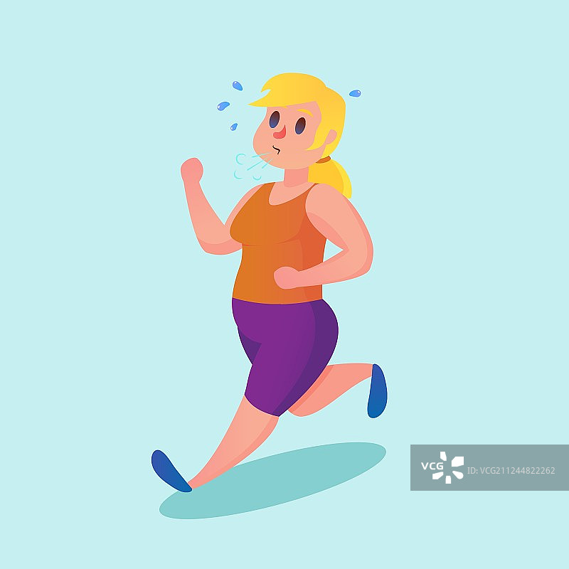 跑步的肥胖年轻女性趣味卡通图片素材