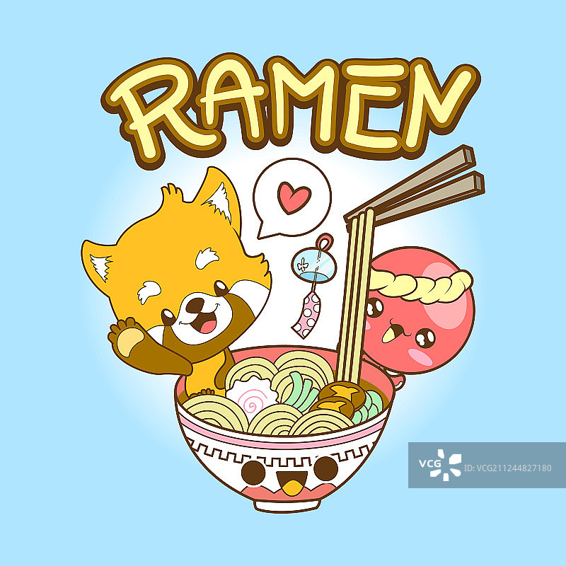 日本可爱涂鸦：小熊猫和章鱼吃拉面图片素材
