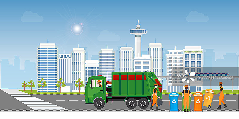 城市垃圾回收概念与垃圾车图片素材