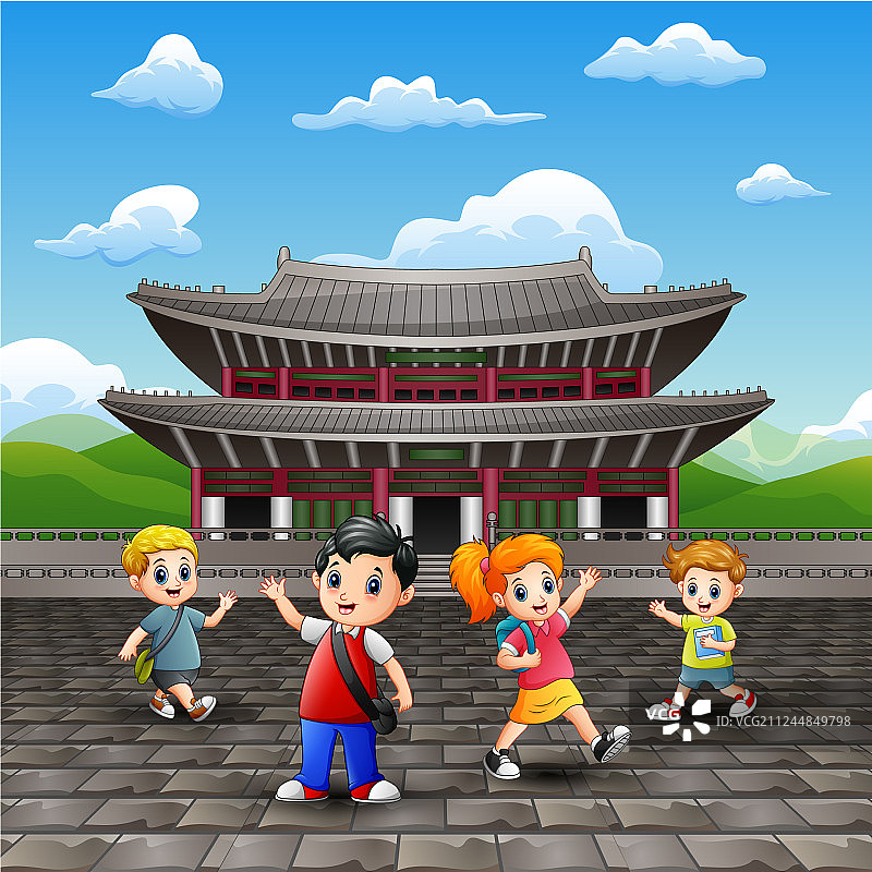 在昌德宫快乐研学的孩子们卡通图片素材