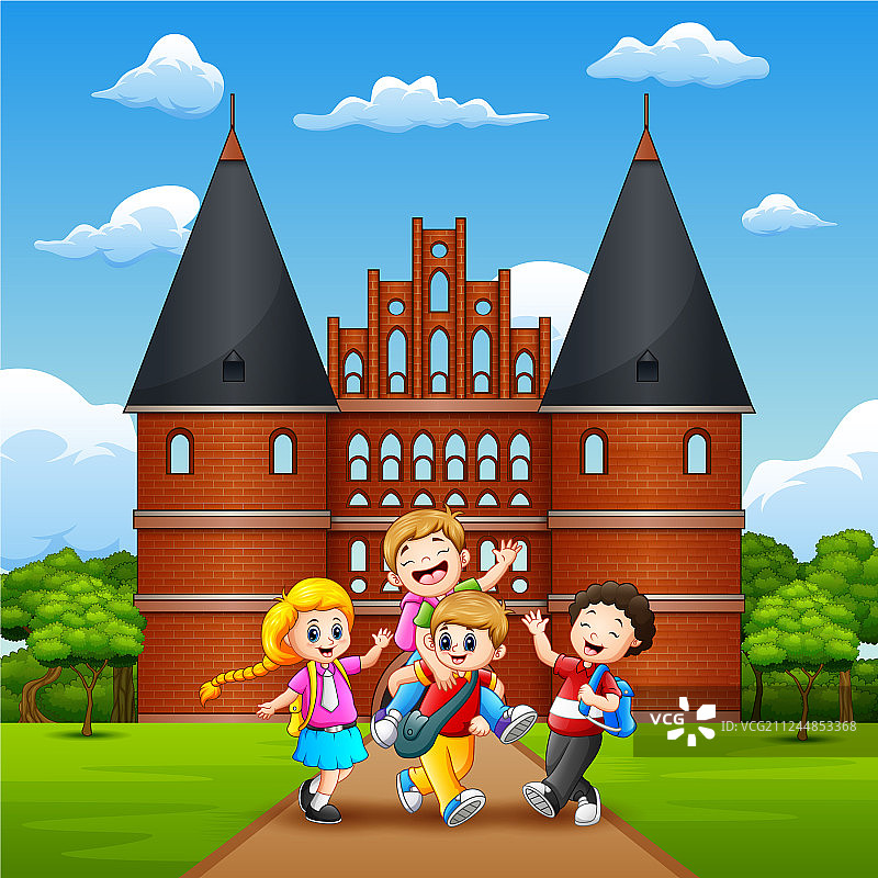 快乐的学童们在前面欢笑图片素材