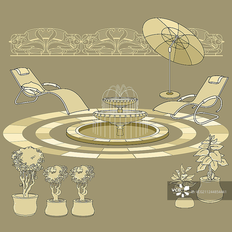躺椅喷泉遮阳伞花园配件图片素材