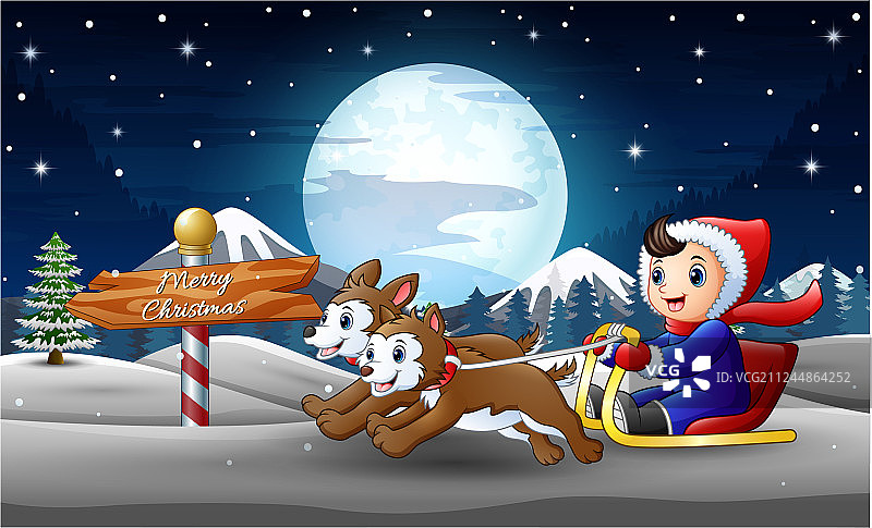 快乐男孩乘坐双狗拉的雪橇图片素材