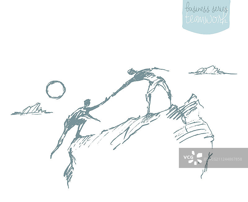 团队合作素描：帮助他人攀登图片素材