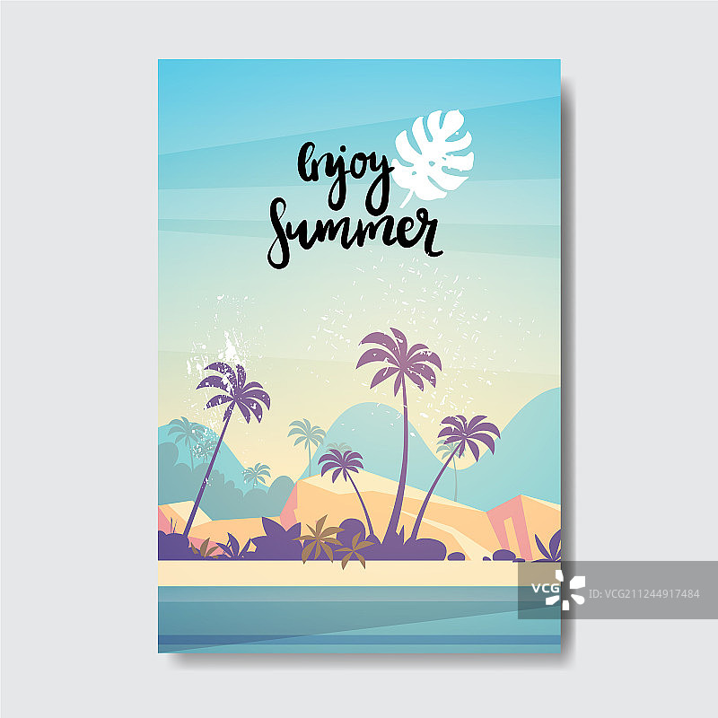 棕榈树海滩日落夏日风景徽章图片素材