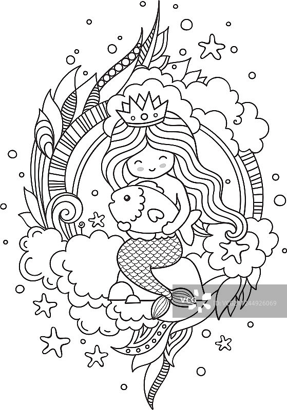 坐在石头上拥抱的小美人鱼女王图片素材