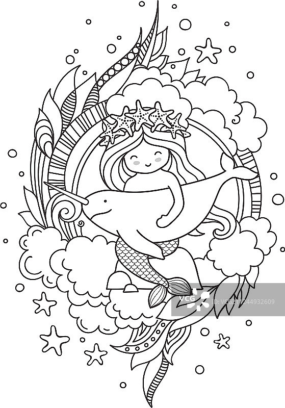 坐在岩石上拥抱独角鲸的小美人鱼图片素材