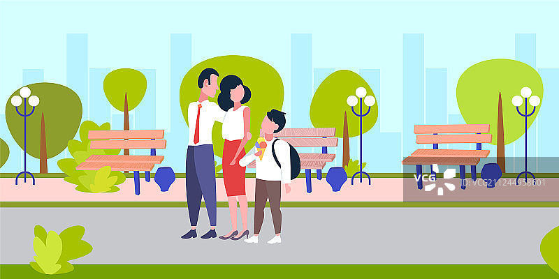 父母接儿子放学，儿子背着书包图片素材