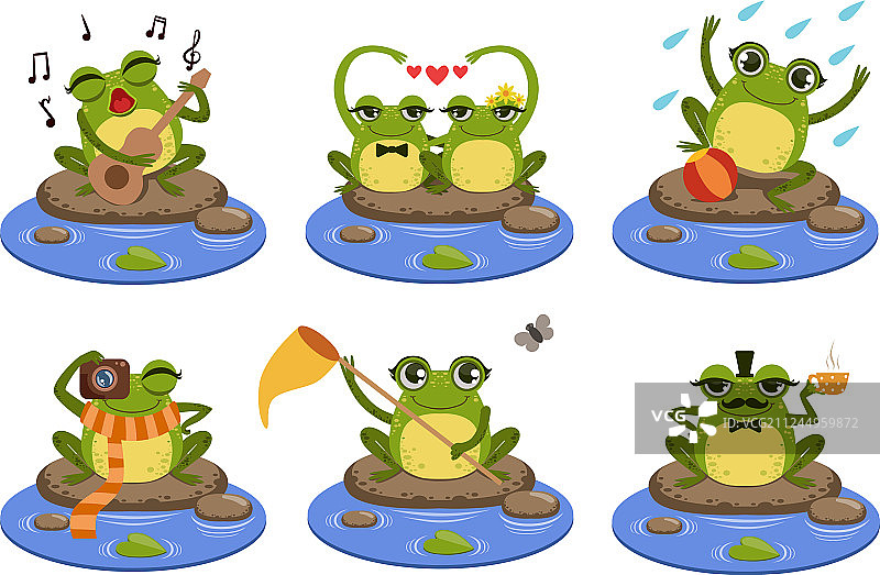 可爱拟人化的绿色青蛙角色套装图片素材