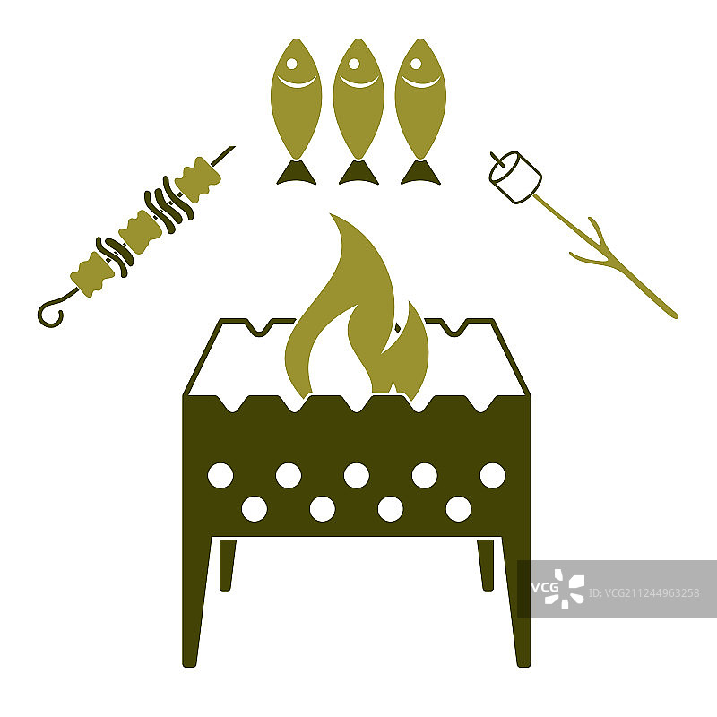 烤架、烤肉串和鱼图标图片素材