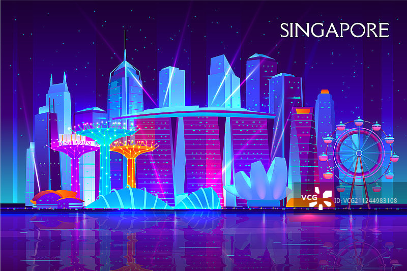 新加坡夜景城市天际线霓虹背景图片素材