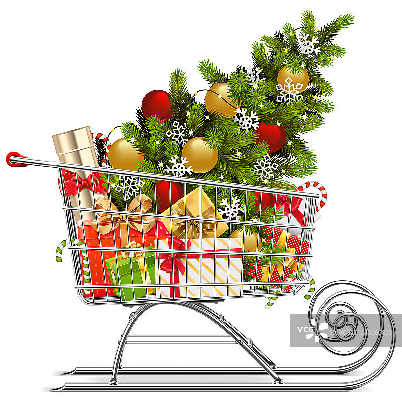 带有圣诞装饰的超市雪橇图片素材