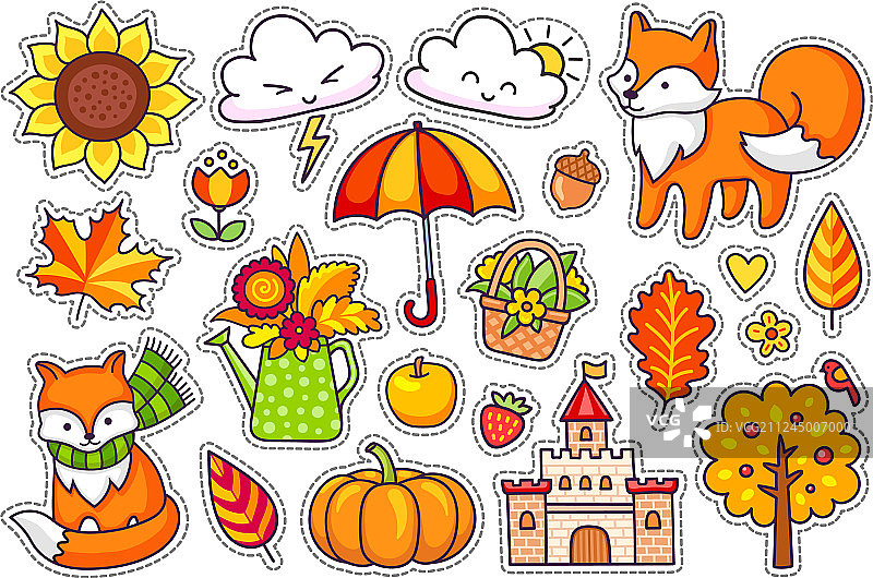 可爱秋季植物狐狸云朵合集图片素材