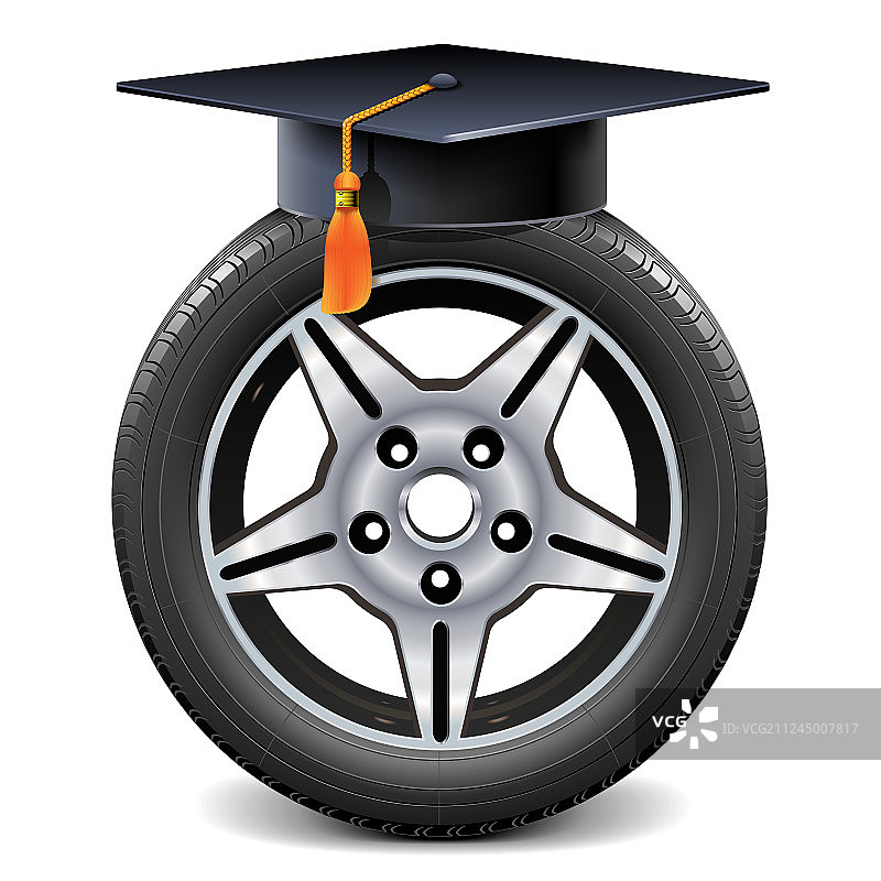 戴着方形学士帽的汽车轮子图片素材