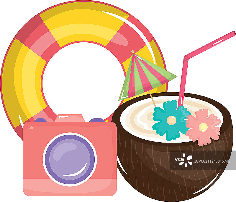 带浮筒和相机的热带椰子鸡尾酒图片素材