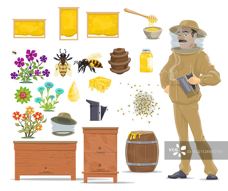 蜜蜂、蜂巢、蜂箱和养蜂人图标图片素材