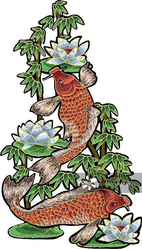 日式鲤鱼鲜花刺绣图片素材