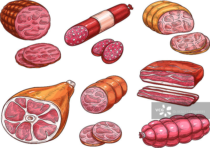 牛肉猪肉香肠素描图片素材