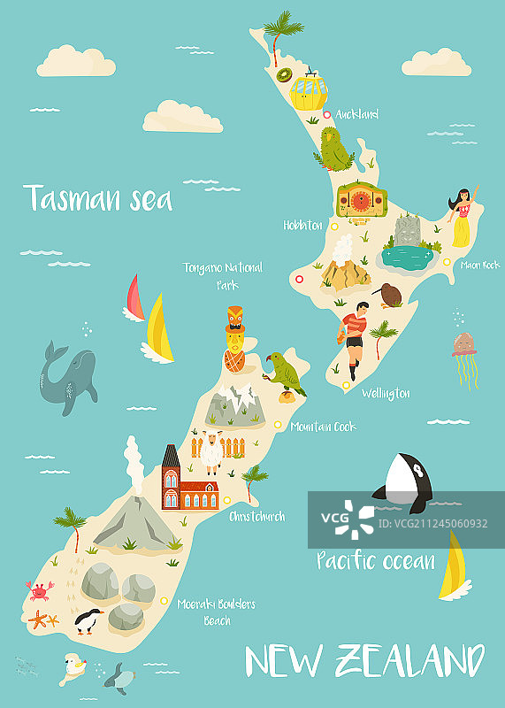 带有明亮图标的新西兰地图图片素材