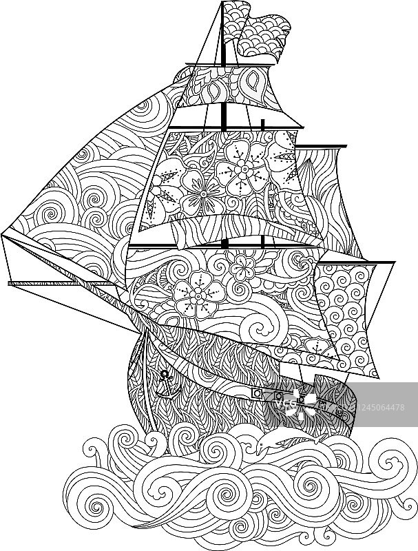 禅绕画风格的华丽海浪船只图案图片素材