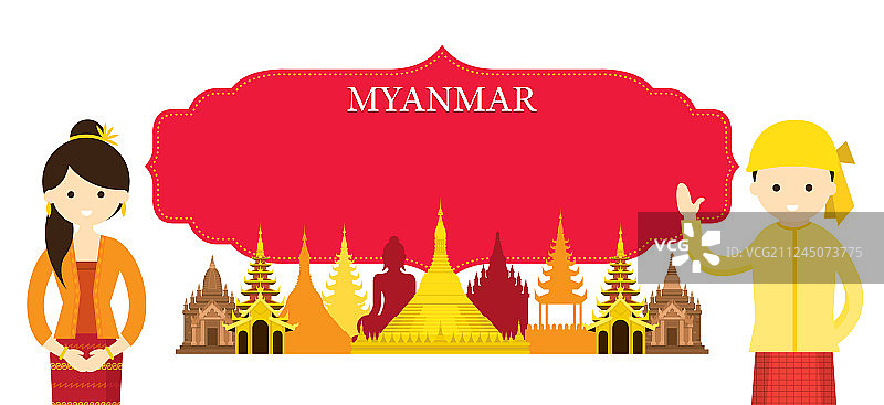 缅甸地标与穿着传统服饰的人们图片素材