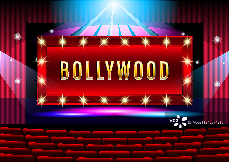 带红色幕布和宝莱坞banner的剧院舞台图片素材